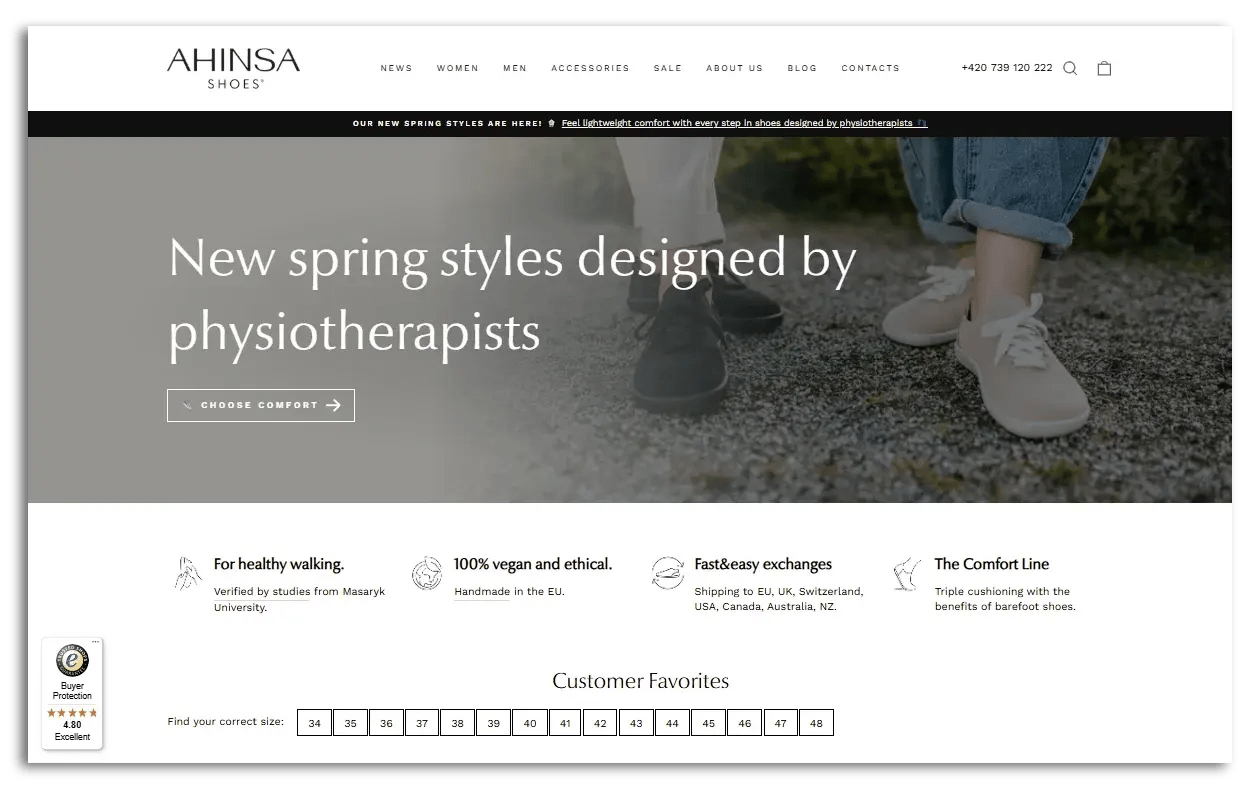 Ahinsa Shoe's homepage mentioning the design by physiotherapists