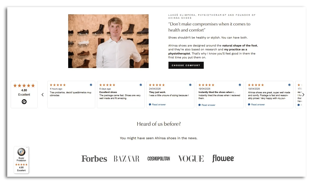 Further down the Ahinsa Shoe's homepage there is a customer reviews widget.