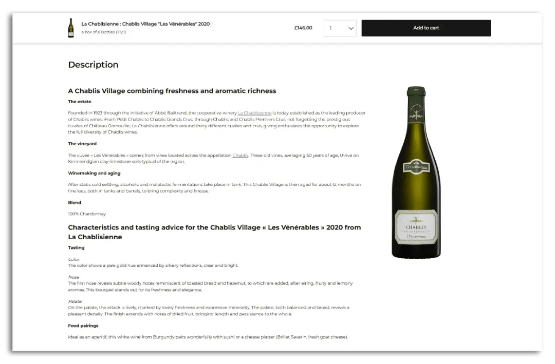 The product description on Millesima's product page