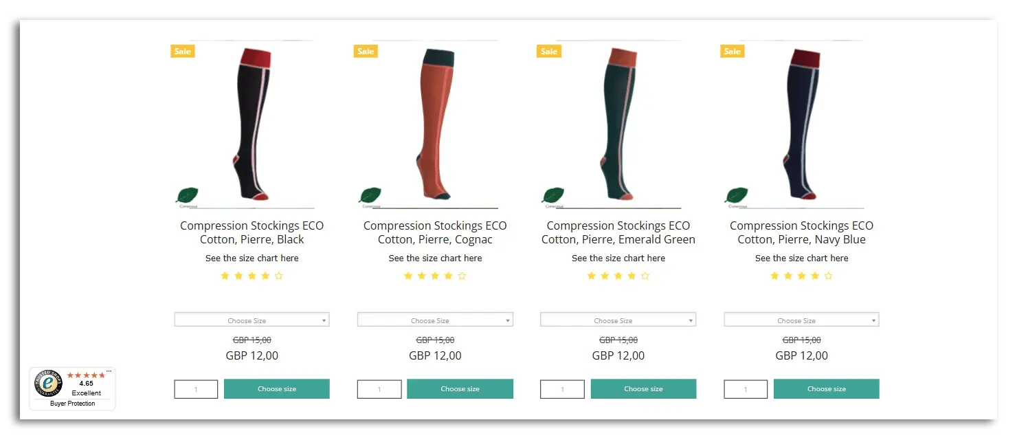 An online shop displaying the Trustmark with Buyer Protection, the store rating, and product ratings