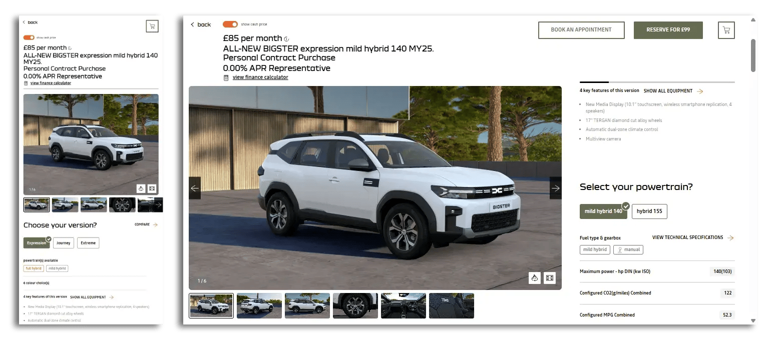 Example of a mobile version of a product page versus the desktop version.