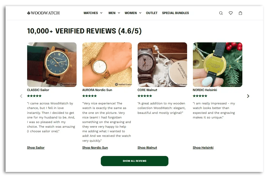 Example of the WoodWatch homepage displaying detailed product reviews.