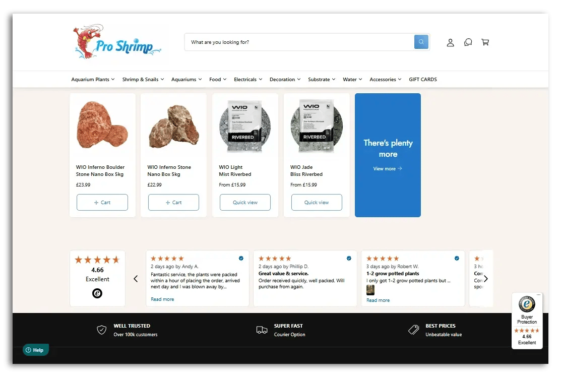 Example of a customer reviews widget on Pro Shrimp's homepage