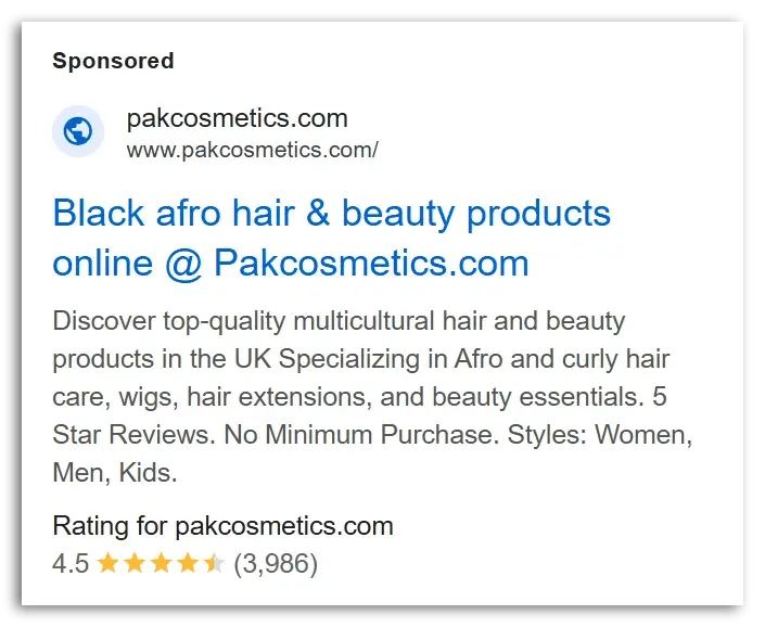 An example of store ratings appearing in a Google Ad.