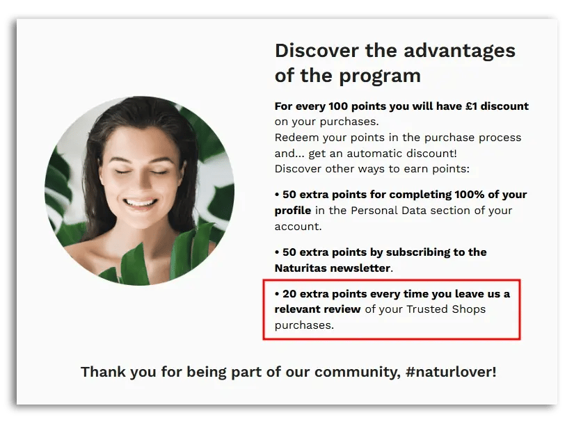 Example of a loyalty program that rewards customers that leave reviews.