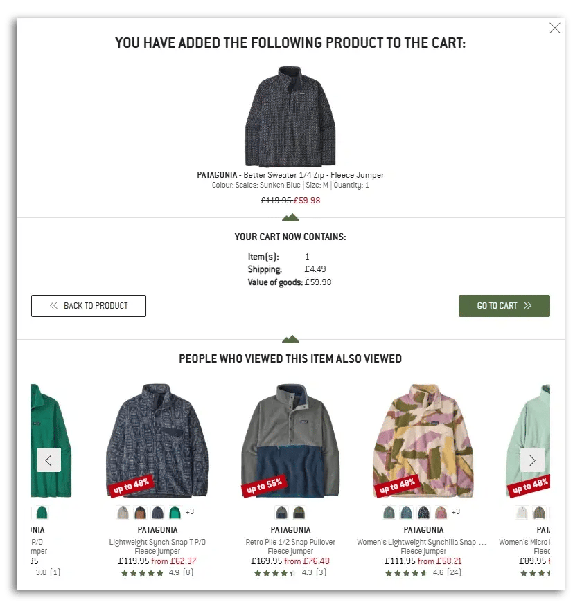 Example of a shopping cart that upsells more products.