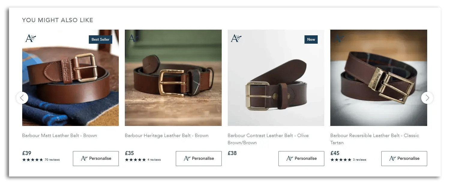 An example of a page upselling more expensive belts and showing product ratings for each product.