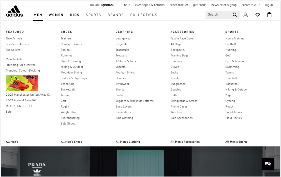 adidas mega menu navigation